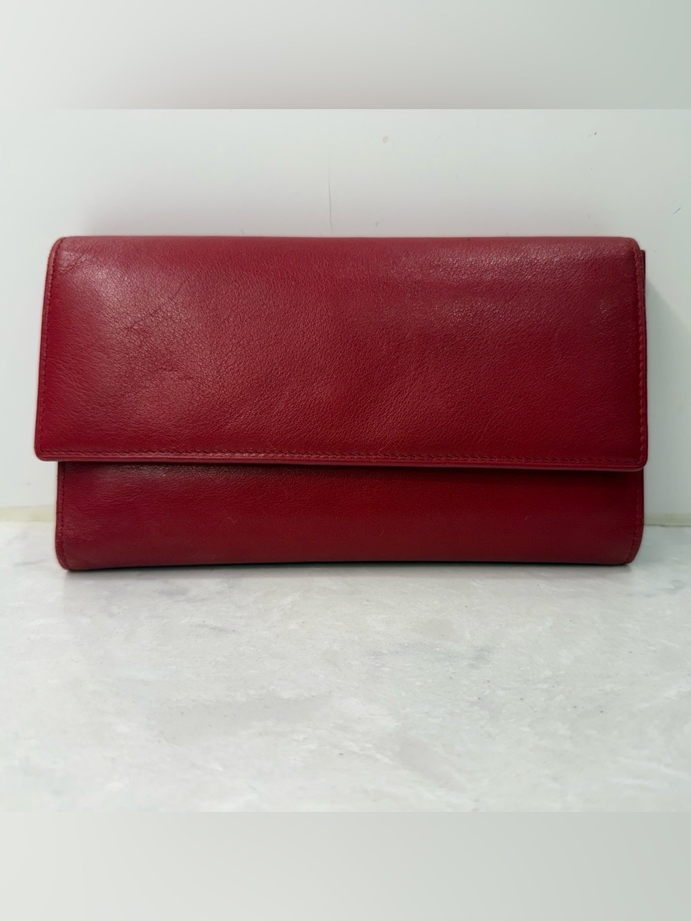 TUMI Red Leather Trifold Wallet w/ Checkbook Holder
